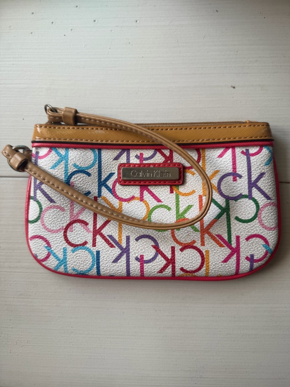 Calvin Klein White Multicolor Logo Wristlet with Tan Trim